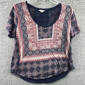 Lucky Brand Womens Boho Artsy Top L Blue Geometric Artistic Print Retro Indie